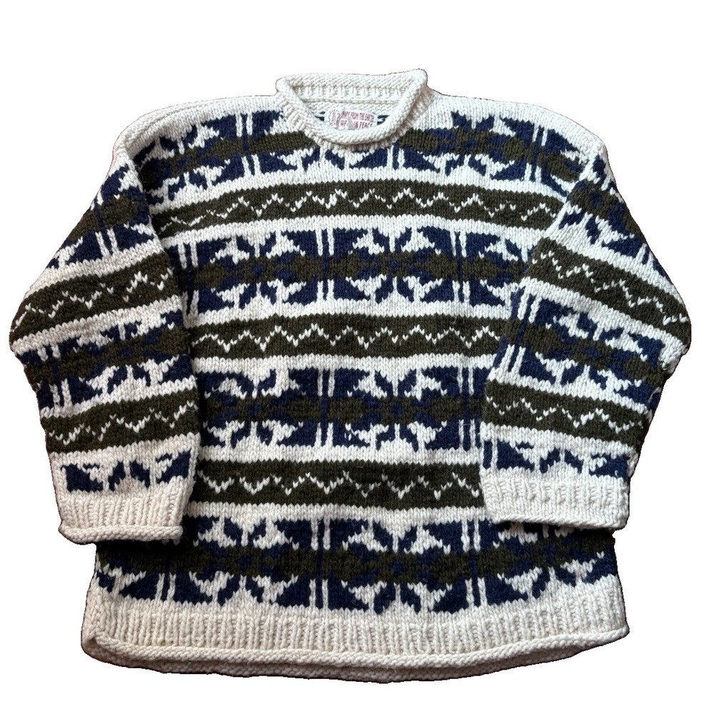 Beautiful Vintage Hand Woven 100% Wool Sweater XL. Made In Ecuador